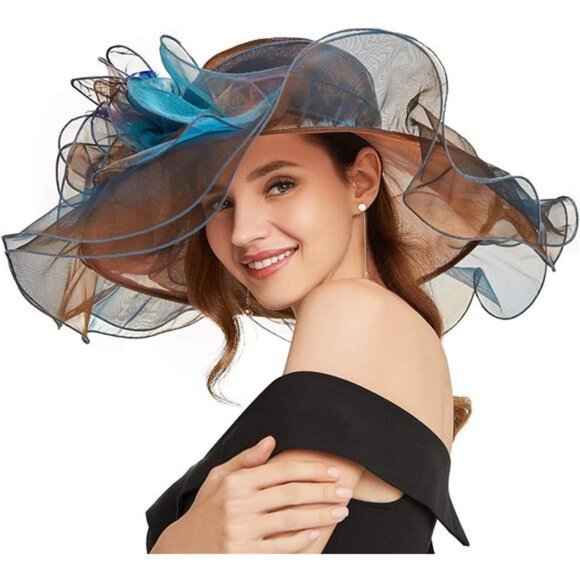 Women Sun Hat Church Wide Brim Brown Blue - Picture 7 of 7